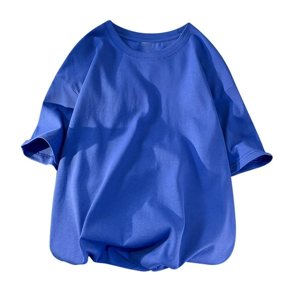 AHTJRT Unisex Casual Short Sleeve Cotton T-Shirt Round Neck Solid Color Blouse Dark Blue XL