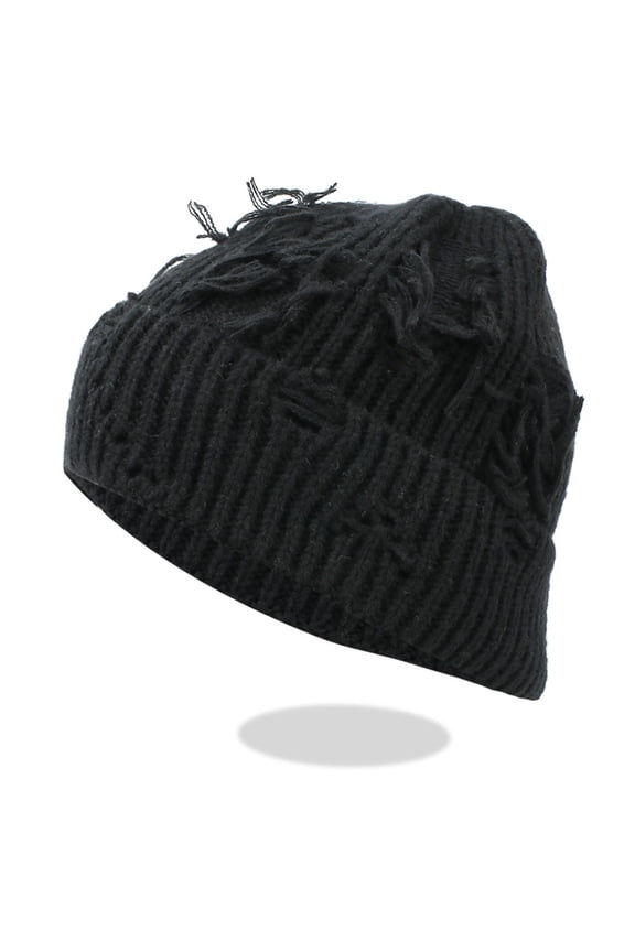Unisex Skull Cap Winter Fashion Lightweight Warm Watch Cap Streetwear Hip-Hop Slouchy Ripped Knitted Hat Cuffed Trawler Hats Black Free Size