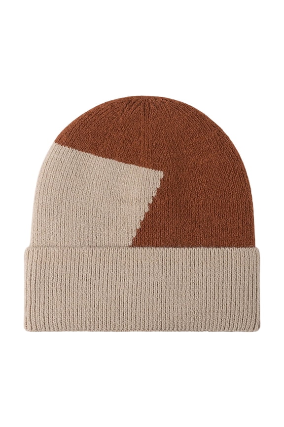 Unisex Slouchy Knit Skull Cap Fashion Patchwork Warm Cotton Knitted Hats Winter Outdoor Activity Stocking Cuffed Beanie Hats Beige Free Size