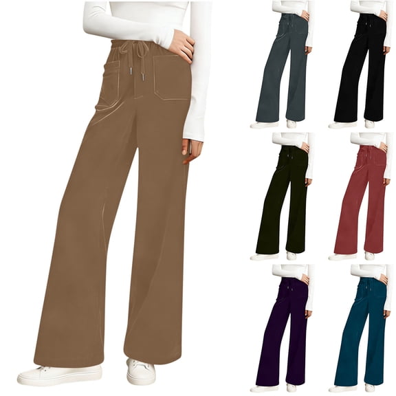 AHTJRT Velvet Pants for Women High Elastic Waist Drawstrings Trousers with Pockets Warm Dressy Elegant Velour Palazzo Work Pants Pink M