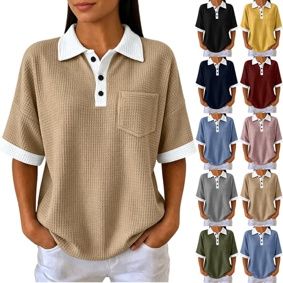 AHTJRT Waffle Knit Golf Shirt for Women Contrast Lapel Collar Short Sleeve T Shirt Lightewight Comfy Loose Fit Lounge Vacation Tops Khaki XXL