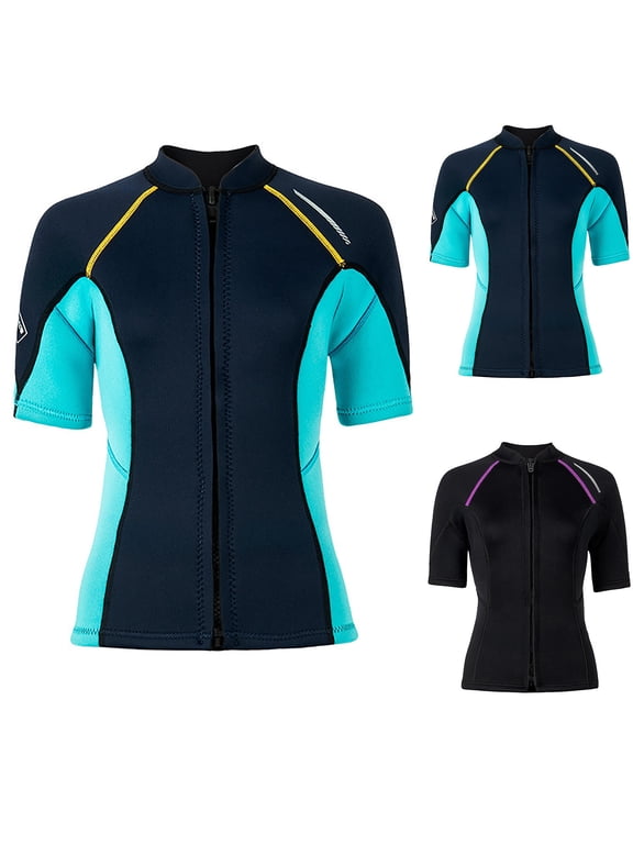 Wetsuit Tops for Women Front Zip-Up Half Sleeve Jackets Thermal 1.5mm Swimsuit Tops for Swimming Diving Surfing Black XXL