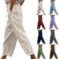 thumbnail image 1 of AHTJRT Wide Leg Cotton Linen Pants for Women Ankle Length Lace Trim Drawstring Elastic Waist Trousers with Pockets Summer Actve Louning Cropped Pants Green S, 1 of 7