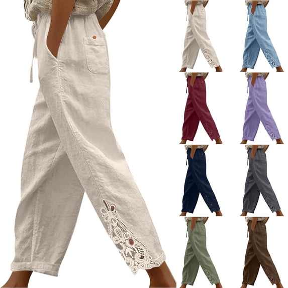 AHTJRT Wide Leg Cotton Linen Pants for Women Ankle Length Lace Trim Drawstring Elastic Waist Trousers with Pockets Summer Actve Louning Cropped Pants Green S
