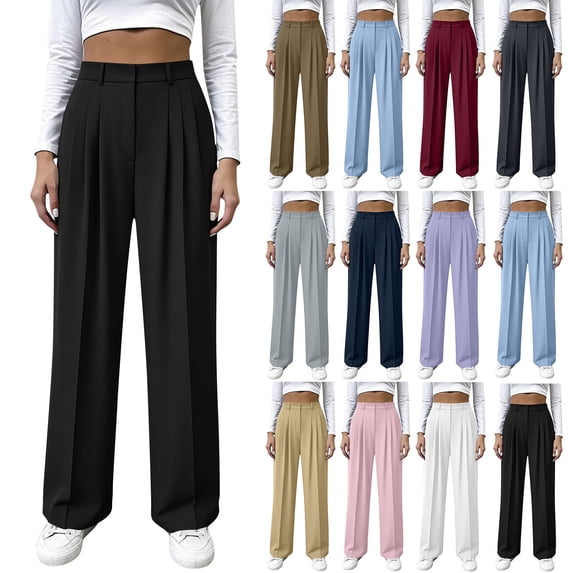AHTJRT Wide Leg Dress Pants for Women Stretchy Straight Trousers with Front Seam Foraml Casual Business Work Office Pants Wine M