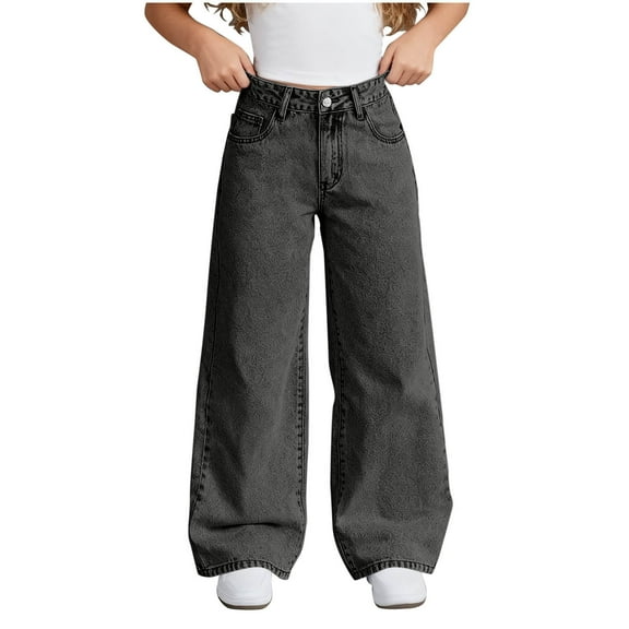 AHTJRT Wide Leg Jeans for Girls High Waisted Loose Baggy Trousers with Pockets Fashion Bowknot Patterns Pritned Denim Pants Dark Gray 12-13 Years