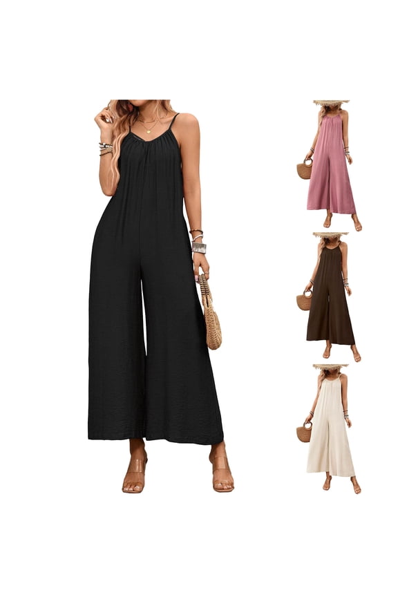 Wide Leg Jumpsuits for Women Casual Sleeveless Overalls Fashion Boho Summer Lounge Leisure Vacation Rompers with Spaghetti Straps Pink S