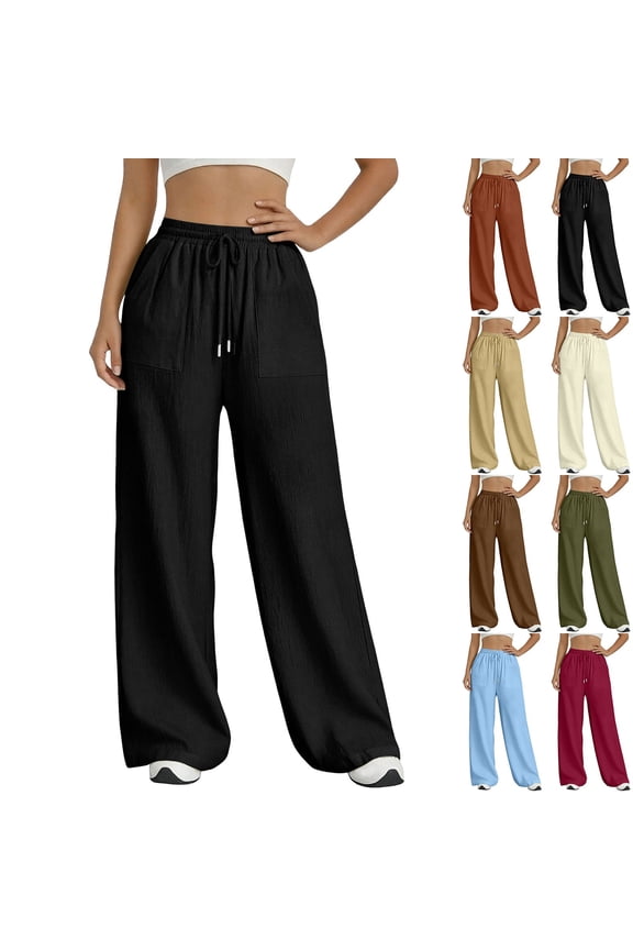 Wide Leg Pants for Women Caual Cotto Lien Breathable Palazzo Pants with Pockets Elastic Drawstring Waist Loose Fit Summer Slack Trousers Blue M