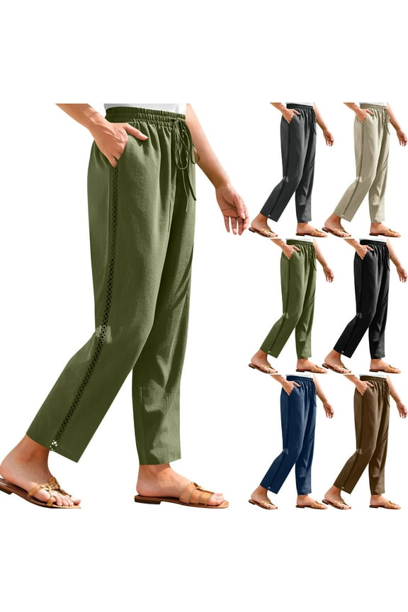 Wide Leg Pants for Women Boho Hollowed Elastic Waist Summer Trousers with Pockets Lightweight Drawstring Lounge Pants Beige XXL