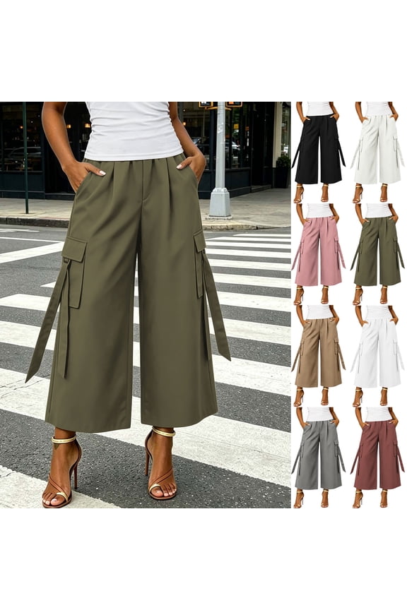 Wide Leg Pants for Women Cargo Style High Waist Front Button Ankle Length Pants Casual Baggy Palazzo Trousers with 4 Pockets White S
