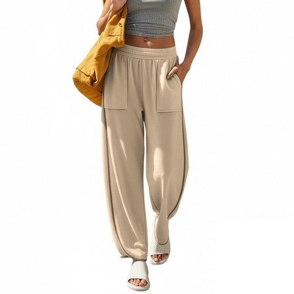 AHTJRT Wide Leg Pants for Women Elastic Waist Trousers with Pockets Casual Stretchy Baggy Loose Parachute Pants Fall Spring Bottoms Khaki L