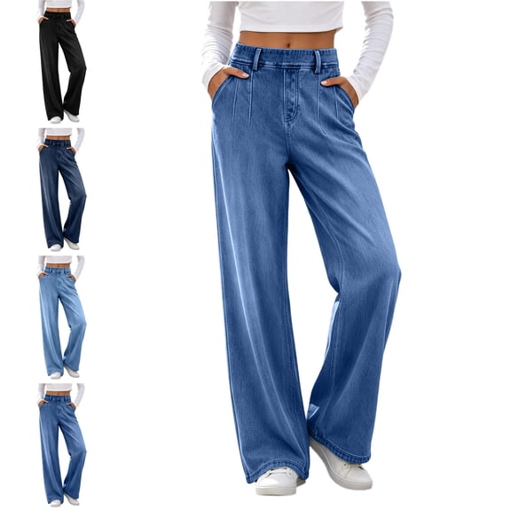 AHTJRT Wide Leg Sweatpant Jeans for Women High Waisted Stretchy Denim Pants Pull On Baggy Loose Fit Trendy Straight Leg Casual Office Jeans Multiple Pockets