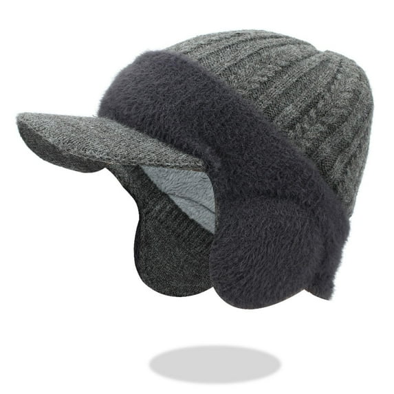 AHTJRT Winter Hats for Men Women Earmuff Beanie with Brim Knit Cuff Cap with Visor Warm Fuzzy Fleece Lined Soft Stretchy Skullcaps Dark Gray Free Size