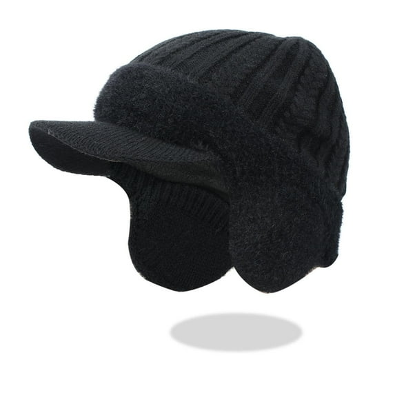 AHTJRT Winter Hats for Men Women Earmuff Beanie with Brim Knit Cuff Cap with Visor Warm Fuzzy Fleece Lined Soft Stretchy Skullcaps Black Free Size