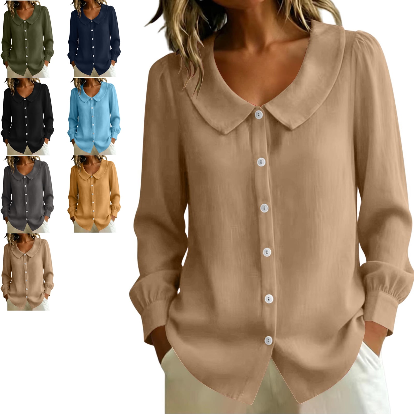 AHTJRT Women Button Down Cotton Linen Shirts Long Sleeve Collared ...