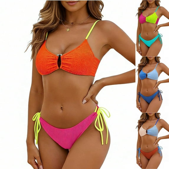 AHTJRT Women's 2 Piece Bikini Sets Skinny High Cut Bathing Suit Textured Spaghetti Straps Swimsuits Fashion 2026 Beach Sets Yellow L