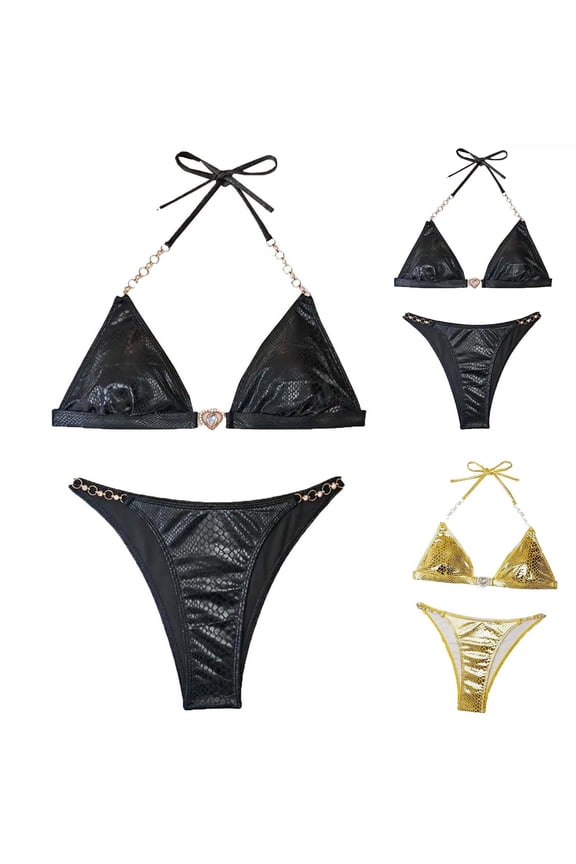 Women's 2 Piece Halter Triangle Bikini Sets Fashion Chain Linked Bathing Suits with Chest Pad Bralettes High Cut Thongs Swimsuits Gold M