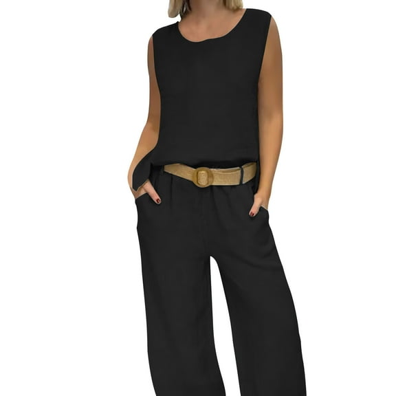 AHTJRT Women's 2 Piece Linen Sets Sleeveless Round Neck Tees Baggy Wide Leg Pants Set Casual 2026 Spring Lounge Outdoor Outfits Black S