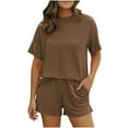 thumbnail image 1 of AHTJRT Women's 2 Piece Outfits Tracksuit Ribbed Loose Fit Lounge Pajama Shorts Set with Pockets Short Sleeve Beach Summer Matching Sets Brown M, 1 of 3