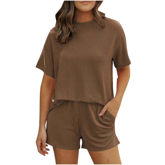 AHTJRT Women's 2 Piece Outfits Tracksuit Ribbed Loose Fit Lounge Pajama Shorts Set with Pockets Short Sleeve Beach Summer Matching Sets Brown M