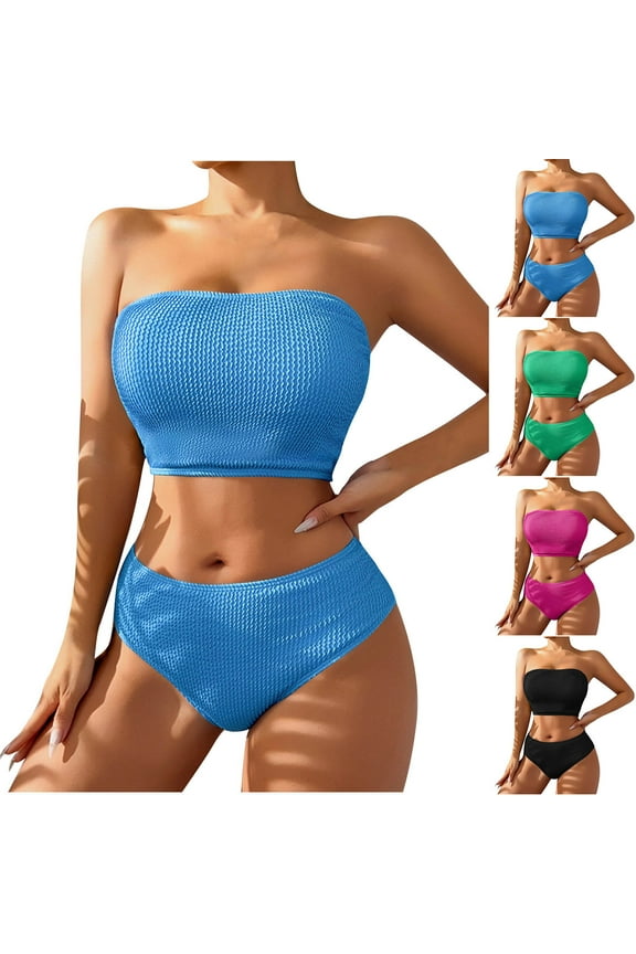 Women's 2 Piece Ribbed Strapless Swimsuit High Waisted Bandeau Smocked Tube Bikini Tops and Cheeky Bottom Bathing Suit Green M