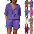 thumbnail image 1 of AHTJRT Women's 2 Piece Shorts Set Casual Cotton Linen Outfits V Neck 3/4 Sleeve Tops Summer Shorts Lounge Set Gray S, 1 of 10