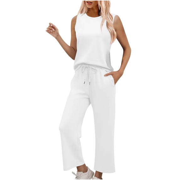 AHTJRT Women's 2 Piece Sweatsuits Crewneck Sleeveless Tops with Drawstrings Wide Leg Pants Amtching Set Summer Lounge Outdoor Travel Outfits White L