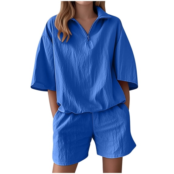 AHTJRT Women's 2 Piece Sweatsuits Lapel Quarter Zip Tops Shorts Set with Pockets Summer Casual Workout Loungewear Outfits Blue XXL