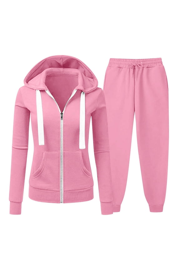 Women's 2 Piece Sweatsuits Zip-Up Hooded Jackets Drastrings Joggers Pants Tracksuit Sets Workout Gym Running Fitness Set Pink XXL