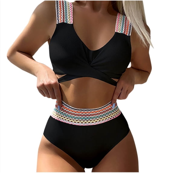 AHTJRT Women's 2 Piece Swimsuits Halter Deep V Neck Bathing Suits Push Up Bralettes with Tie Side High Waisted Shorts Bikini Sets Black L