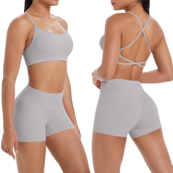 AHTJRT Women's 2 Piece Workout Sets Biker Impact Shorts and Sports Bra Sweatsuits Breathable Casual Yoga Gym Sports Active Suits Gray M