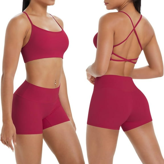 AHTJRT Women's 2 Piece Workout Sets Biker Impact Shorts and Sports Bra Sweatsuits Breathable Casual Yoga Gym Sports Active Suits Red M