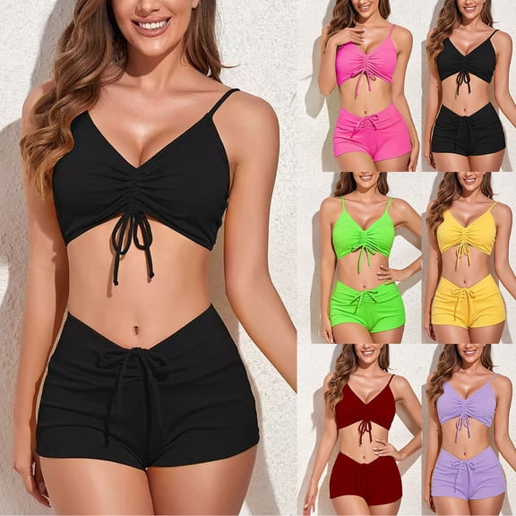 AHTJRT Women's 2 Pieces Bikini Set Ruffle V Neck Tie Front Swimsuit Slimming Halter Strings High Waisted Bathing Suit with Shorts Pink M