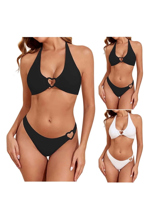 Women's 2 Pieces Bikini Swimsuit Set Cute Love Heart Ring Linked Textured Halter Bathing Suits with Chest Pad Swimwear White XL