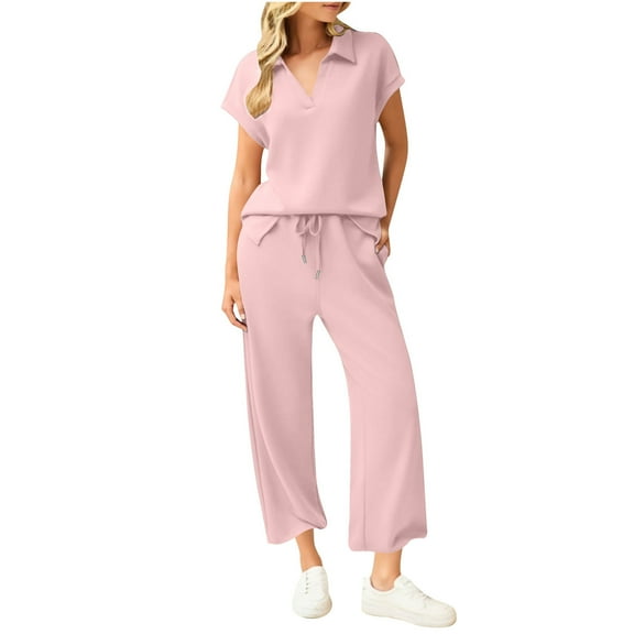 AHTJRT Women's 2 Pieces Lounge Set Short Sleeve V Neck Shirts Wide Leg Pants Matching Set Vacation Travel Outfits Beach Summer Outfits Pink L