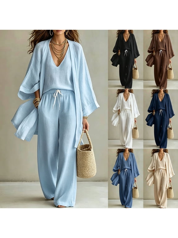 Women's 3 Piece Set Open Front Long Sleeve Duster Coat Cardigans V Neck Tops Drawstring Elastic Waist Long Pants Casual Summer Beach Sets Beige L