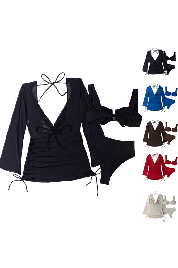 Women's 3 Piece Swimsuits Halter Triangle High Cut Bikini Sets Long Sleeve Halter Drawstrings Cover Ups Bathing Suit Blue M