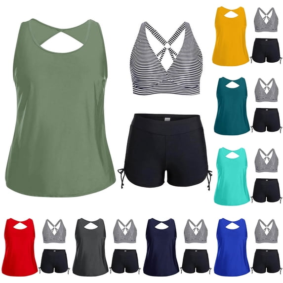 AHTJRT Women's 3 Pieces Tankini Sets Cutout Backless Tank Tops Cross Back Bralettes and Tie Side Shorts Swimsuits Padded Wireless Bathing Suits Red#01 S