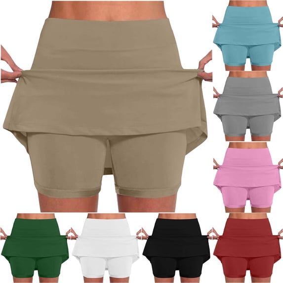 AHTJRT Women's Active Skorts Stretchable Mid Rise Running Sports Athleic Skirts with Built-In Biker Shorts Summer Tennis Golf Workout Skorts Black L