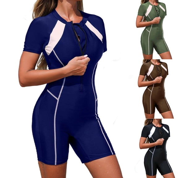 AHTJRT Women's Athletic Swimsuit Colorblock Zipper Front Slimming Short Sleeve One Piece Swimwear Shorts Romper Padded Wireless Bathing Suit Black M