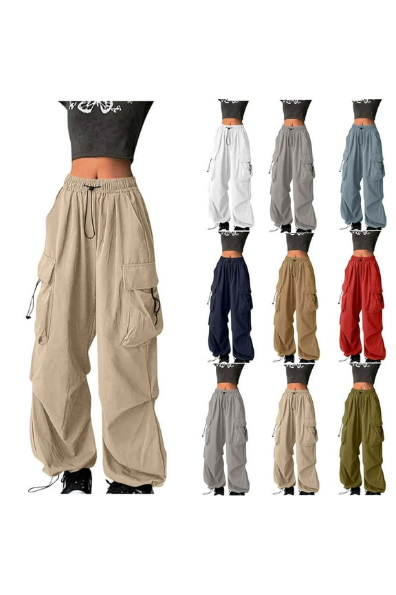 Women's Baggy Cargo Pants Casual Fall Spring Hiking Trousers Loose Fit Drawstrigs Hight Waist Parachute Pants with 4 Pockets White XL