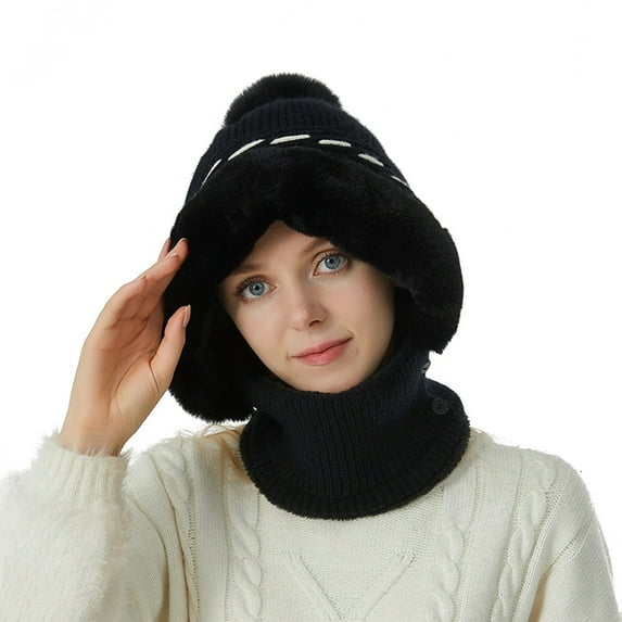 AHTJRT Women's Balaclava Hats Winter Knitted Fleece Lined Skullcaps with Pompom Full Face Neck Mask Warm Windproof Cuffed Beanie Black Free Size