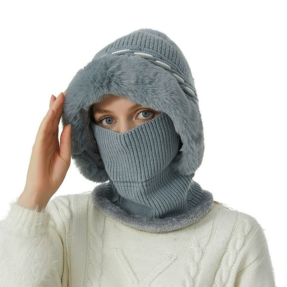 AHTJRT Women's Balaclava Hats Winter Knitted Fleece Lined Skullcaps with Pompom Full Face Neck Mask Warm Windproof Cuffed Beanie Gray Free Size