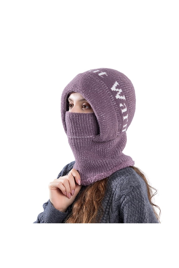 Women's Balaclava Ski Hat One Piece Winter Beanie Hat Warm Fleece Lined Knitted Cap Face Mask Skull Caps for Cold Weather Purple Free Size