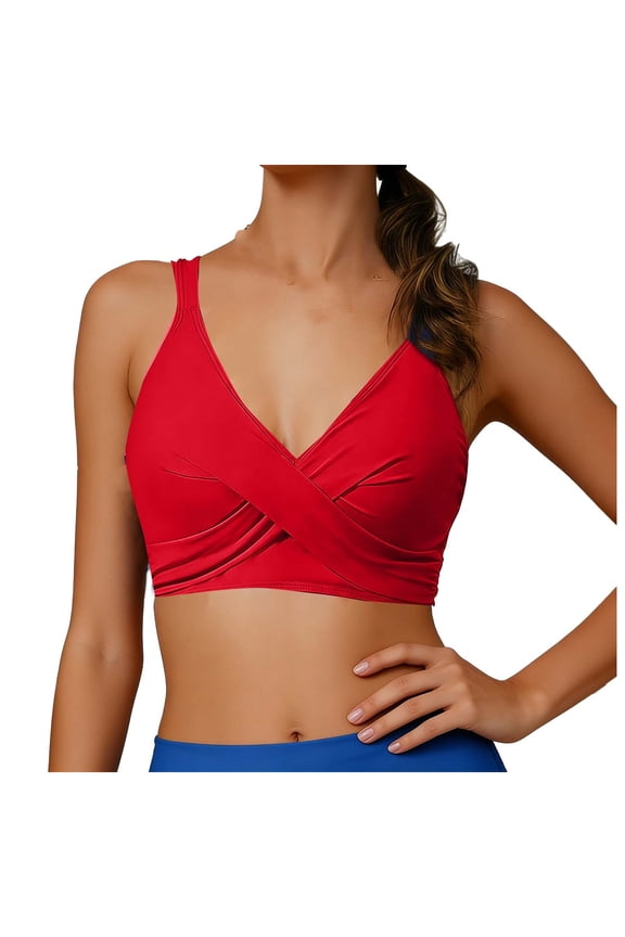 Women's Bikini Tops Ruched Backless V Neck Bralettes Padded Twsit Front Swim Tops with Adjustable Spaghetti Straps Red M