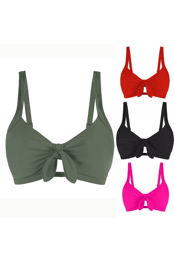 Women's Bikini Tops Tie Front Ruched Padded Wireless Spaghetti Straps Bathing Suit V Neck Full Coverage Bralettes Green XXL