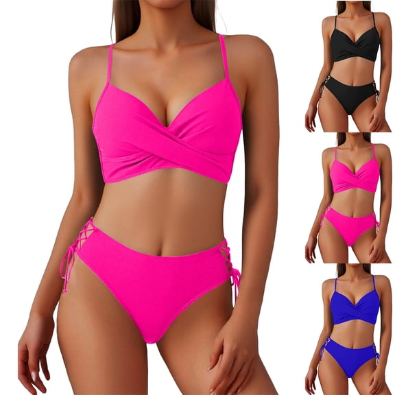 AHTJRT Women's Bikinis V Neck Twist Front Crisscroos Adjustable Spaghetti Straps Swimsuit Lace up Tie Side Two Piece Bathing Suit Black M