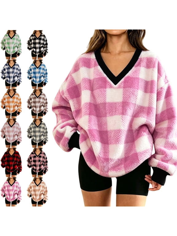 Women's Buffalo Plaid Flannel V Neck Pullover Long Sleeves Top with Drop Shoulder Soft Lightweight Casual Work Daily Wear Fall Top