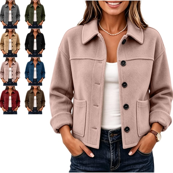 AHTJRT Women's Button Down Shacket Collared Long Sleeves Felt Jacket with Pockets Casual Lightweight Work Daily Wear Fall Winter Coat
