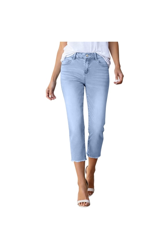 Women's Capri Jeans Skinny Straight Leg Trousers with Pockets Stretch High Waisted Front Button Raw Hem Denim Pants Light Blue#01 &F2S